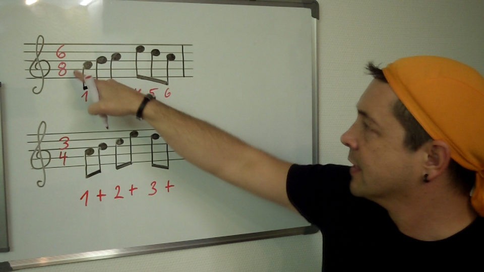 Musiklehrer zeigt für Schüler etwas an Tafel