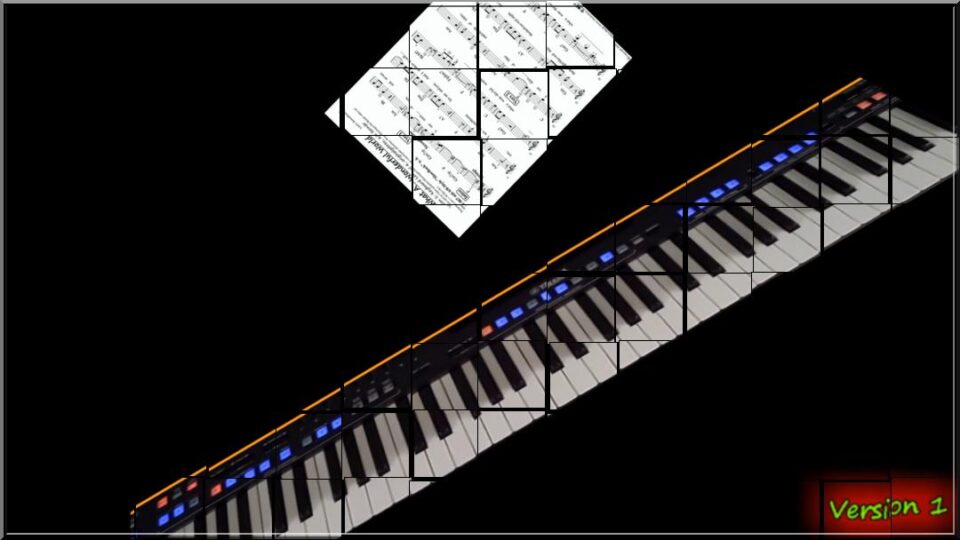 abstrakte Szene aus dem Video mit schwebenden Noten und sich drehendem Keyboard Bildlink zum L4-Rhythmiklehrvideo "Binär versus Ternär"